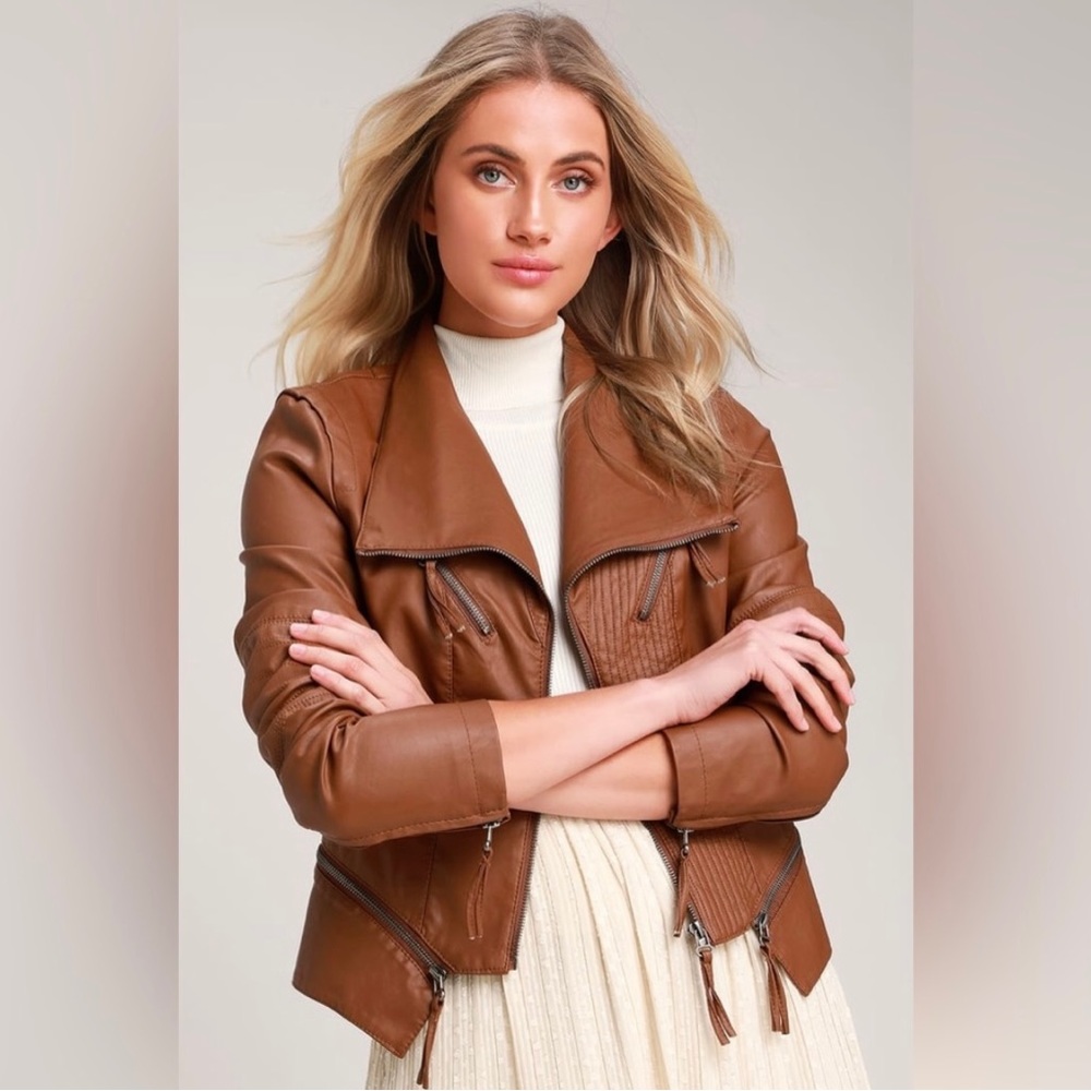 NWT Lulus Up on a Tuesday Vegan Leather Moto Jacket Brown